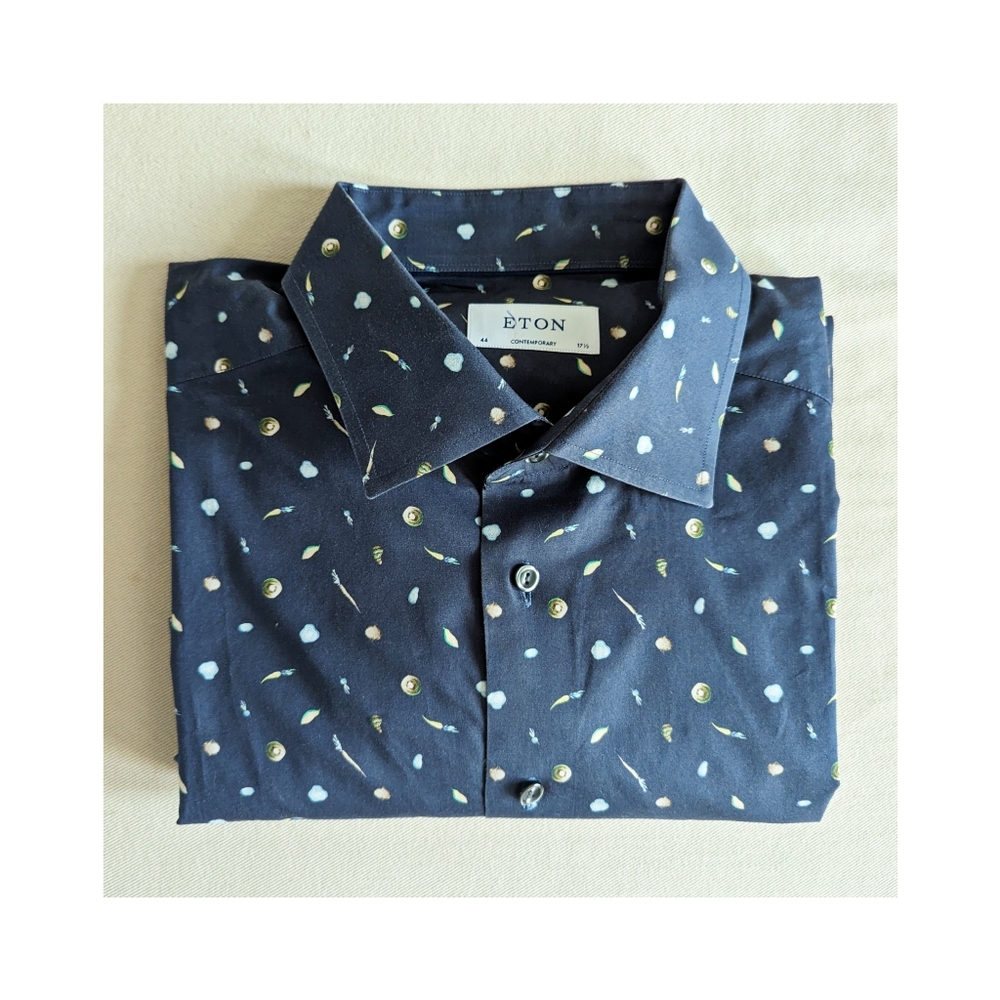 Eton Dark Blue Vegetables Print Fine Twill Shirt